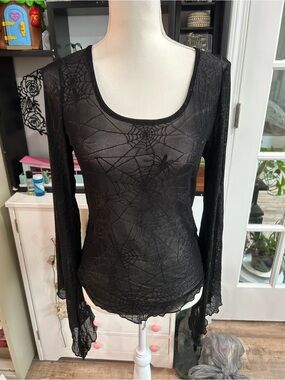 ROMWE Black Sheer Spiderweb Long Sleeve Scoop Neck Top